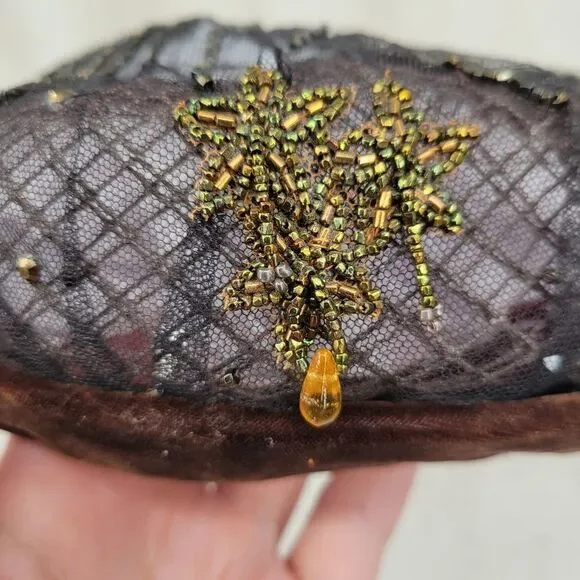 50s Tambour Embroidery Beaded Women's Hat Facinator Pillbox Mesh - Picture 7 of 16